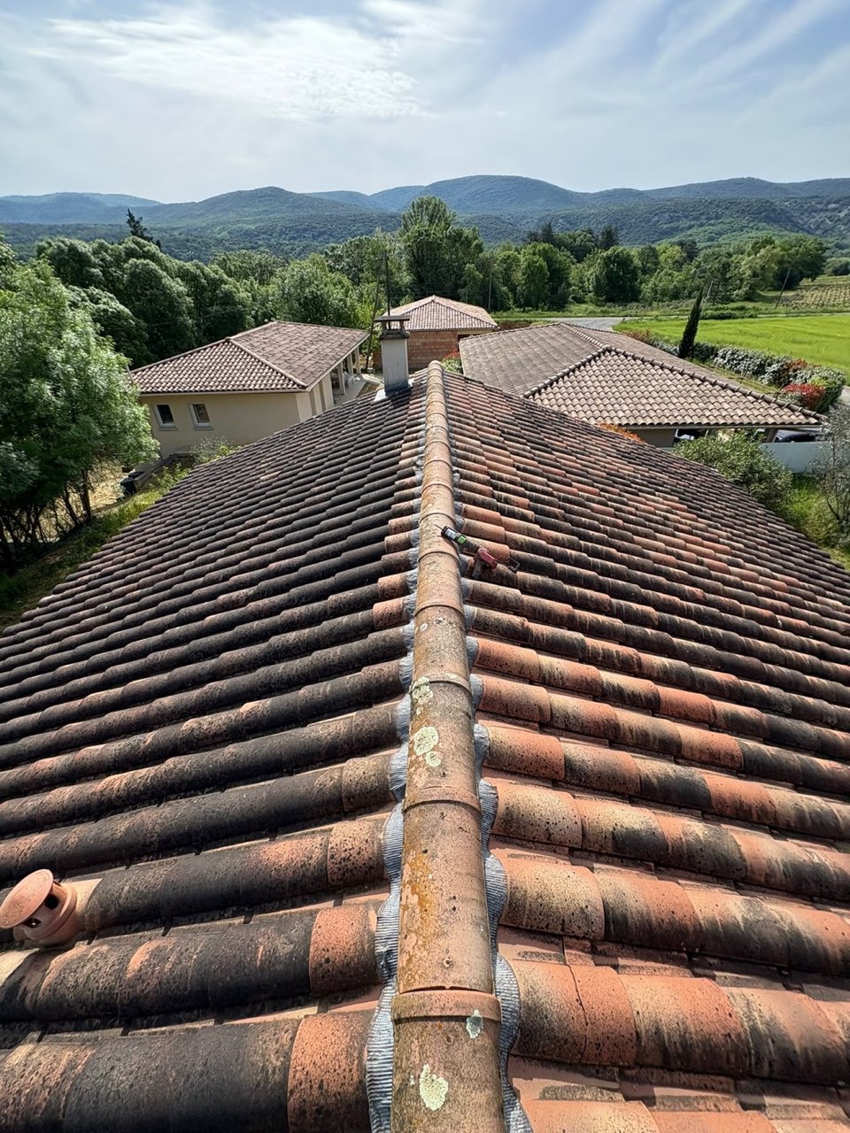 Toiture envahie par la mousse avant démoussage, en Ardèche