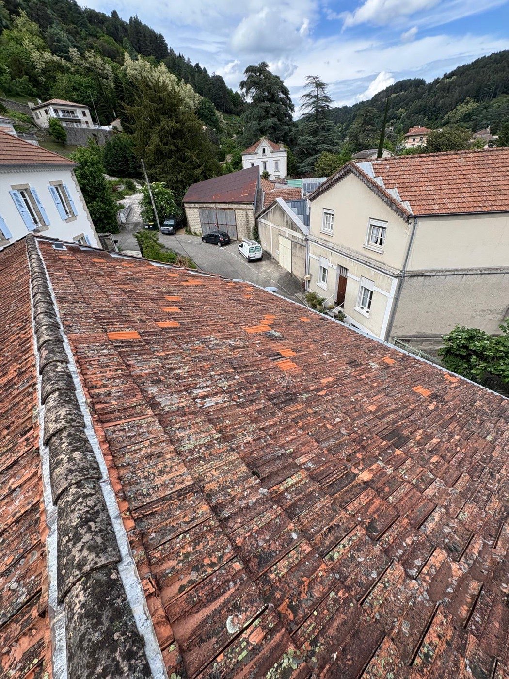 Ancienne toiture en tuiles usées et envahies par les lichens avant rénovation en Ardèche